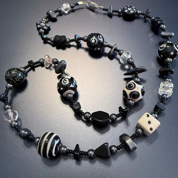 Hand Blown Lampwork Black White Art Glass Beaded Necklace - Picture 3 of 7